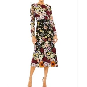 MAC DUGGAL Floral Embroidered Illusion High Neck Midi Dress Size 6 Black Multi 6